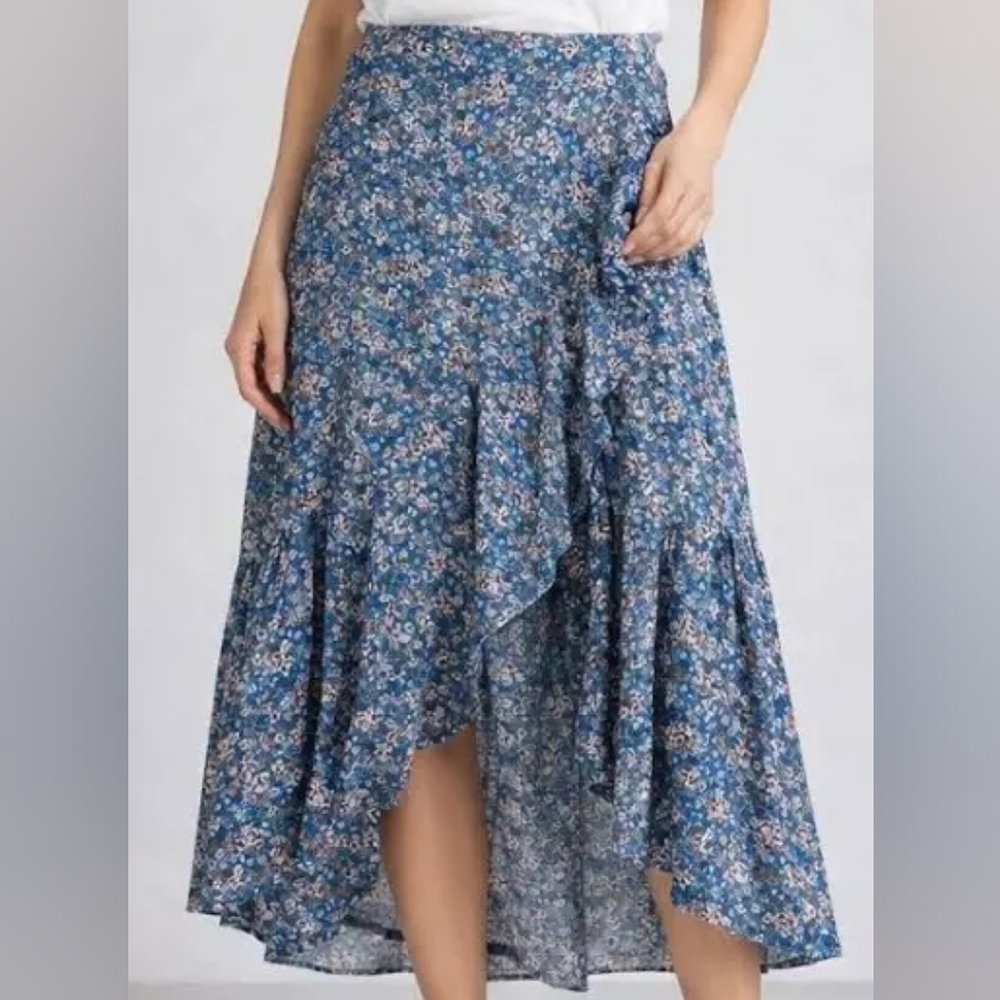 Sonoma Blue Floral Faux Wrap High-Low Skirt